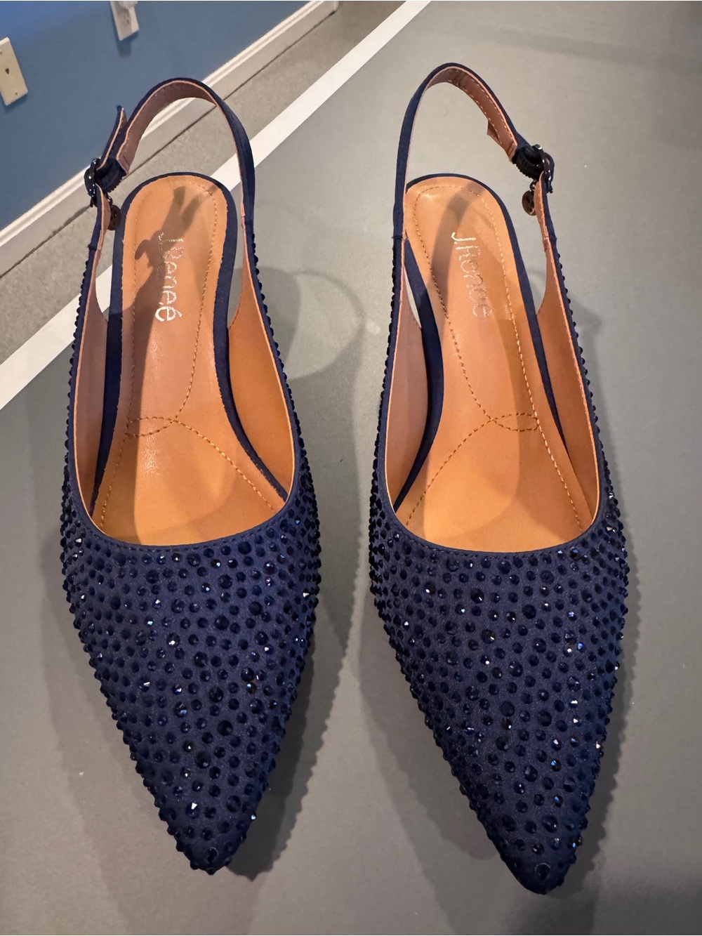 J.Renee Navy Crystal-Embellished Pointed Slingback Flats